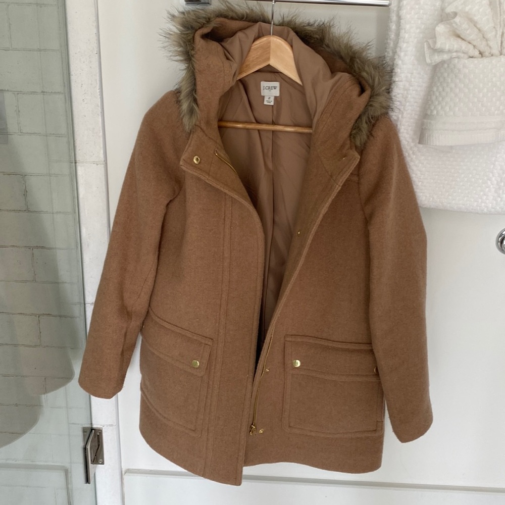 J. Crew Factory Tan Hooded Coat with Faux Fur Trim